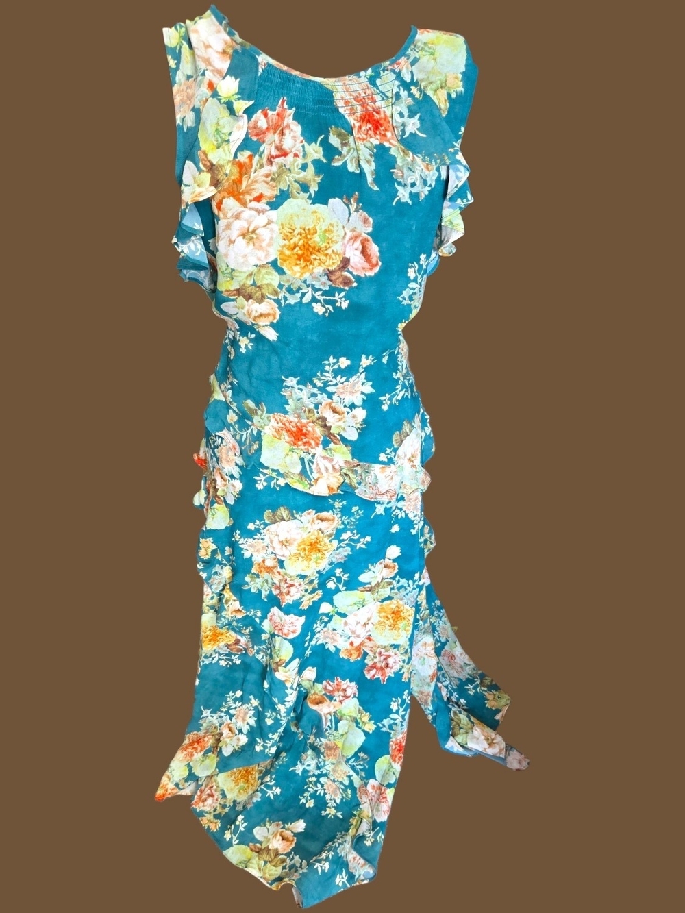 Floral Teal Ruffle Maxi Dress - Women